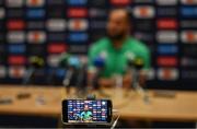 5 September 2023; Jamison Gibson-Park is recorded on a smartphone during an Ireland rugby media conference at Tours Town Hall in Tours, France. Photo by Brendan Moran/Sportsfile