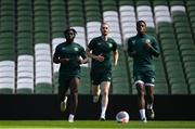 5 September 2023; Will Keane, centre, with Festy Ebosele, left, and Chiedozie Ogbene, right, during a Republic of Ireland training session at the Aviva Stadium in Dublin. Photo by Stephen McCarthy/Sportsfile