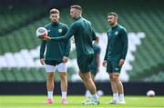 5 September 2023; Shane Duffy with Matt Doherty, left, and Enda Stevens, right, during a Republic of Ireland training session at the Aviva Stadium in Dublin. Photo by Stephen McCarthy/Sportsfile