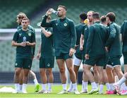 5 September 2023; Shane Duffy takes a drink of water during a Republic of Ireland training session at the Aviva Stadium in Dublin. Photo by Stephen McCarthy/Sportsfile