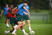 5 September 2023; Tony Springett, right, and Aidomo Emakhu during a Republic of Ireland U21 training session at the FAI National Training Centre in Abbotstown, Dublin. Photo by Harry Murphy/Sportsfile