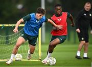 5 September 2023; Tony Springett, left, and Aidomo Emakhu during a Republic of Ireland U21 training session at the FAI National Training Centre in Abbotstown, Dublin. Photo by Harry Murphy/Sportsfile