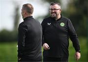 5 September 2023; Lead performance analyst Martin Doyle, right, and assistant head coach Alan Reynolds during a Republic of Ireland U21 training session at the FAI National Training Centre in Abbotstown, Dublin. Photo by Harry Murphy/Sportsfile