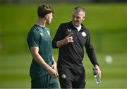 5 September 2023; Manager Jim Crawford speaks with Rocco Vata during a Republic of Ireland U21 training session at the FAI National Training Centre in Abbotstown, Dublin. Photo by Harry Murphy/Sportsfile