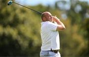 6 September 2023; Former Ireland rugby player Rory Best watches his tee shot on the sixth hole during the Pro-Am event in advance of the Horizon Irish Open Golf Championship at The K Club in Straffan, Kildare. Photo by Eóin Noonan/Sportsfile
