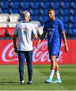 6 September 2023; Kylian Mbappé and manager Didier Deschamps during a France training session at Parc des Princes in Paris, France. Photo by Stephen McCarthy/Sportsfile