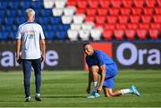 6 September 2023; Kylian Mbappé and manager Didier Deschamps during a France training session at Parc des Princes in Paris, France. Photo by Stephen McCarthy/Sportsfile