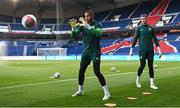 6 September 2023; Goalkeepers Gavin Bazunu, left, and Mark Travers during a Republic of Ireland training session at Parc des Princes in Paris, France. Photo by Stephen McCarthy/Sportsfile