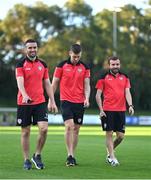 6 September 2023; Derry City players, from left, Michael Duffy, Patrick McEleney and Paul McMullan before the SSE Airtricity Men's Premier Division match between UCD and Derry City at UCD Bowl in Dublin. Photo by Ben McShane/Sportsfile