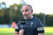 6 September 2023; UCD manager Andy Myler is interviewed by LOITV before the SSE Airtricity Men's Premier Division match between UCD and Derry City at UCD Bowl in Dublin. Photo by Ben McShane/Sportsfile