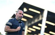 6 September 2023; UCD manager Andy Myler is interviewed by LOITV before the SSE Airtricity Men's Premier Division match between UCD and Derry City at UCD Bowl in Dublin. Photo by Ben McShane/Sportsfile