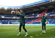 6 September 2023; Goalkeepers Mark Travers, left, and Gavin Bazunu during a Republic of Ireland training session at Parc des Princes in Paris, France. Photo by Stephen McCarthy/Sportsfile