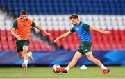 6 September 2023; Jayson Molumby, right, and Jason Knight during a Republic of Ireland training session at Parc des Princes in Paris, France. Photo by Stephen McCarthy/Sportsfile