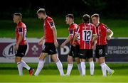 6 September 2023; Brandon Kavanagh of Derry City, right, celebrates with teammates after scoring their side's third goal during the SSE Airtricity Men's Premier Division match between UCD and Derry City at UCD Bowl in Dublin. Photo by Ben McShane/Sportsfile