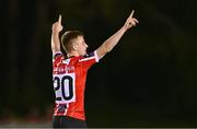6 September 2023; Brandon Kavanagh of Derry City celebrates after scoring his side's fifth goal during the SSE Airtricity Men's Premier Division match between UCD and Derry City at UCD Bowl in Dublin. Photo by Ben McShane/Sportsfile
