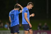 6 September 2023; Jack Keaney, right, and Dara Keane of UCD react during the SSE Airtricity Men's Premier Division match between UCD and Derry City at UCD Bowl in Dublin. Photo by Ben McShane/Sportsfile