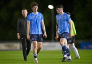 6 September 2023; UCD players, including Michael Raggett, left, react after the SSE Airtricity Men's Premier Division match between UCD and Derry City at UCD Bowl in Dublin. Photo by Ben McShane/Sportsfile