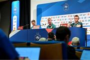 6 September 2023; Kieran Crowley, FAI communications manager, right, with manager Stephen Kenny and John Egan, left, during a Republic of Ireland press conference at Parc des Princes in Paris, France. Photo by Stephen McCarthy/Sportsfile