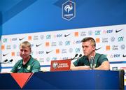 6 September 2023; Kieran Crowley, FAI communications manager, and manager Stephen Kenny during a Republic of Ireland press conference at Parc des Princes in Paris, France. Photo by Stephen McCarthy/Sportsfile