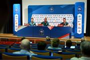6 September 2023; Kieran Crowley, FAI communications manager, right, with manager Stephen Kenny and John Egan, left, during a Republic of Ireland press conference at Parc des Princes in Paris, France. Photo by Stephen McCarthy/Sportsfile