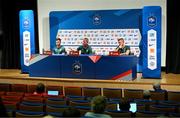 6 September 2023; Kieran Crowley, FAI communications manager, right, with manager Stephen Kenny and John Egan, left, during a Republic of Ireland press conference at Parc des Princes in Paris, France. Photo by Stephen McCarthy/Sportsfile