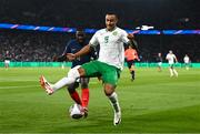 7 September 2023; Adam Idah of Republic of Ireland in action against Dayot Upamecano of France during the UEFA EURO 2024 Championship qualifying group B match between France and Republic of Ireland at Parc des Princes in Paris, France. Photo by Stephen McCarthy/Sportsfile