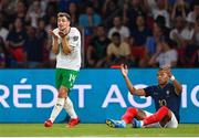 7 September 2023; Jayson Molumby of Republic of Ireland reacts after conceding a foul during the UEFA EURO 2024 Championship qualifying group B match between France and Republic of Ireland at Parc des Princes in Paris, France. Photo by Seb Daly/Sportsfile