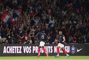 7 September 2023; Aurélien Tchouameni of France celebrates with Kylian Mbappé, right, after scoring their side's first goal during the UEFA EURO 2024 Championship qualifying group B match between France and Republic of Ireland at Parc des Princes in Paris, France. Photo by Stephen McCarthy/Sportsfile