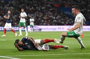 7 September 2023; Jules Koundé of France in action against Enda Stevens of Republic of Ireland during the UEFA EURO 2024 Championship qualifying group B match between France and Republic of Ireland at Parc des Princes in Paris, France. Photo by Stephen McCarthy/Sportsfile