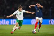 7 September 2023; Jayson Molumby of Republic of Ireland in action against Adrien Rabiot of France during the UEFA EURO 2024 Championship qualifying group B match between France and Republic of Ireland at Parc des Princes in Paris, France. Photo by Seb Daly/Sportsfile