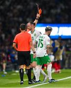 7 September 2023; Aaron Connolly of Republic of Ireland is substituted on for Will Keane, left, during the UEFA EURO 2024 Championship qualifying group B match between France and Republic of Ireland at Parc des Princes in Paris, France. Photo by Seb Daly/Sportsfile