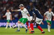 7 September 2023; Aaron Connolly of Republic of Ireland in action against Dayot Upamecano of France during the UEFA EURO 2024 Championship qualifying group B match between France and Republic of Ireland at Parc des Princes in Paris, France. Photo by Seb Daly/Sportsfile