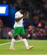 7 September 2023; Festy Ebosele of Republic of Ireland comes on as a substitute for the Chiedozie Ogbene, not pictured, during the UEFA EURO 2024 Championship qualifying group B match between France and Republic of Ireland at Parc des Princes in Paris, France. Photo by Seb Daly/Sportsfile