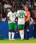 7 September 2023; Festy Ebosele of Republic of Ireland comes on as a substitute for the Chiedozie Ogbene, 20, during the UEFA EURO 2024 Championship qualifying group B match between France and Republic of Ireland at Parc des Princes in Paris, France. Photo by Stephen McCarthy/Sportsfile