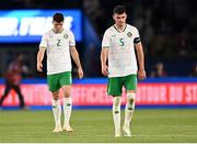 7 September 2023; Dara O'Shea, left, and John Egan of Republic of Ireland react after the UEFA EURO 2024 Championship qualifying group B match between France and Republic of Ireland at Parc des Princes in Paris, France. Photo by Stephen McCarthy/Sportsfile