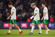 7 September 2023; Republic of Ireland players, from left, Jayson Molumby, Aaron Connolly and Jason Knight after the UEFA EURO 2024 Championship qualifying group B match between France and Republic of Ireland at Parc des Princes in Paris, France. Photo by Seb Daly/Sportsfile