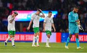 7 September 2023; Republic of Ireland players, from left, Aaron Connolly, Dara O'Shea, Josh Cullen and goalkeeper Gavin Bazunu after the UEFA EURO 2024 Championship qualifying group B match between France and Republic of Ireland at Parc des Princes in Paris, France. Photo by Seb Daly/Sportsfile