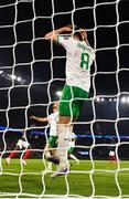 7 September 2023; Alan Browne of Republic of Ireland, 8, reacts after his side conceded a second goal, scored by Marcus Thuram of France, left, during the UEFA EURO 2024 Championship qualifying group B match between France and Republic of Ireland at Parc des Princes in Paris, France. Photo by Seb Daly/Sportsfile