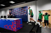 8 September 2023; James Ryan, assistant coach Mike Catt and Bundee Aki make their way into a media conference after the Ireland rugby squad captain's run at the  Stade de Bordeaux in Bordeaux, France. Photo by Brendan Moran/Sportsfile