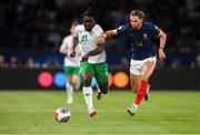 7 September 2023; Festy Ebosele of Republic of Ireland in action against Adrien Rabiot of France during the UEFA EURO 2024 Championship qualifying group B match between France and Republic of Ireland at Parc des Princes in Paris, France. Photo by Seb Daly/Sportsfile