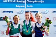 8 September 2023; Medalists, from left, Kenia Lechuga of Mexico, silver, Siobhan McCrohan of Ireland, gold, and Sophia Luwis of USA, bronze, after competing in the Lightweight Women's Single Sculls final A during the 2023 World Rowing Championships at Ada Ciganlija regatta course on Sava Lake, Belgrade. Photo by Nikola Krstic/Sportsfile