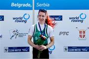 8 September 2023; Siobhan McCrohan of Ireland celebrates with her gold medal after finishing first with a time of 8:47.96 in the Lightweight Women's Single Sculls final A during the 2023 World Rowing Championships at Ada Ciganlija regatta course on Sava Lake, Belgrade. Photo by Nikola Krstic/Sportsfile