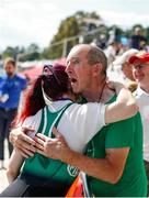 8 September 2023; Siobhan McCrohan of Ireland celebrates with her father Michael after winning gold in the Lightweight Women's Single Sculls final A during the 2023 World Rowing Championships at Ada Ciganlija regatta course on Sava Lake, Belgrade. Photo by Nikola Krstic/Sportsfile