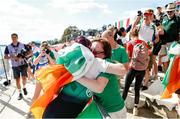 8 September 2023; Siobhan McCrohan of Ireland celebrates with her mother Bridie after winning gold in the Lightweight Women's Single Sculls final A during the 2023 World Rowing Championships at Ada Ciganlija regatta course on Sava Lake, Belgrade. Photo by Nikola Krstic/Sportsfile