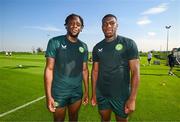 8 September 2023; Jonathan Afolabi, left, and Sinclair Armstrong during a Republic of Ireland training session at the FAI National Training Centre in Abbotstown, Dublin. Photo by Stephen McCarthy/Sportsfile