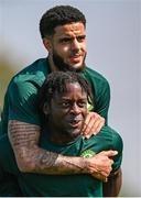 8 September 2023; Jonathan Afolabi and Andrew Omobamidele, top, during a Republic of Ireland training session at the FAI National Training Centre in Abbotstown, Dublin. Photo by Stephen McCarthy/Sportsfile