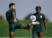 8 September 2023; Andrew Omobamidele and Festy Ebosele, right, during a Republic of Ireland training session at the FAI National Training Centre in Abbotstown, Dublin. Photo by Stephen McCarthy/Sportsfile