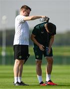 8 September 2023; Matt Doherty is cooled down by Andrew Morrissey, STATSports analyst, during a Republic of Ireland training session at the FAI National Training Centre in Abbotstown, Dublin. Photo by Stephen McCarthy/Sportsfile