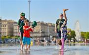 8 September 2023; Donagh Kelly, age 6, and his sister Laragh, age 8, from Ballinteer in Dublin, with their parents Dearhla Whyte and David Kelly while enjoying the sunshine in Bordeaux, France, ahead of Ireland's first Rugby World Cup 2023 game against Romania. Photo by Brendan Moran/Sportsfile