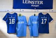 8 September 2023; The jerseys of Leinster players Gus McCarthy, 16, and Paddy McCarthy, 17, hang in the dressing room before the pre-season friendly match between Munster and Leinster at Musgrave Park in Cork. Photo by Sam Barnes/Sportsfile
